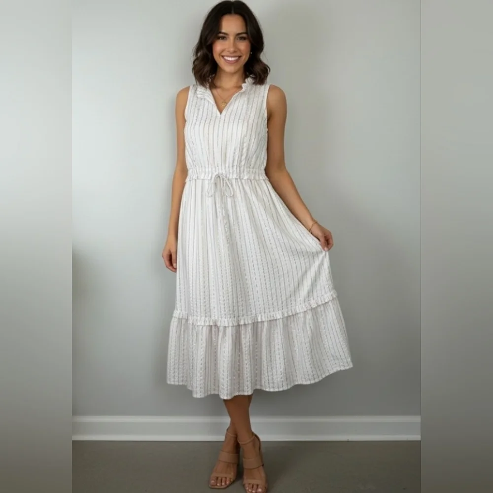 J.Crew Cotton Ruffle Collar Metallic Stripe Midi Dress - White/Pastel Size 6